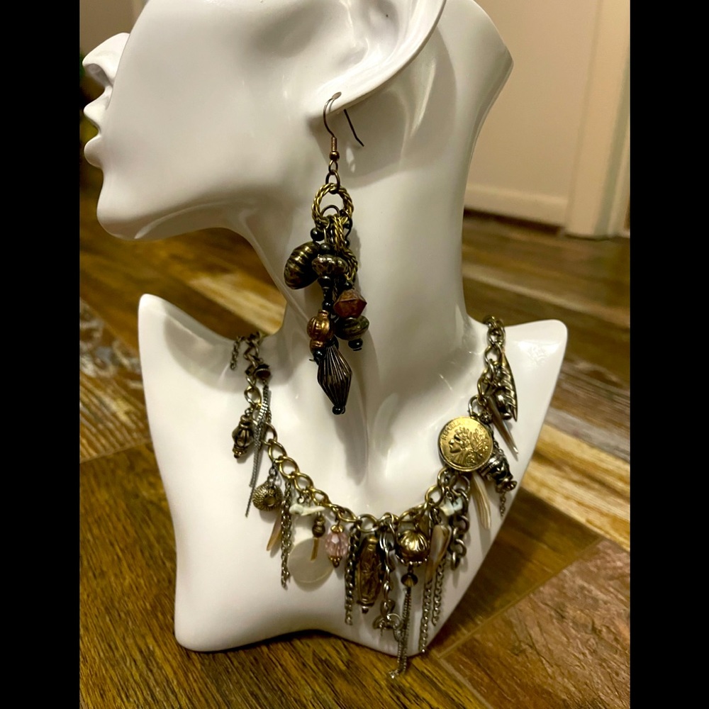Ear Ring Necklace Set, Bronze with Gold